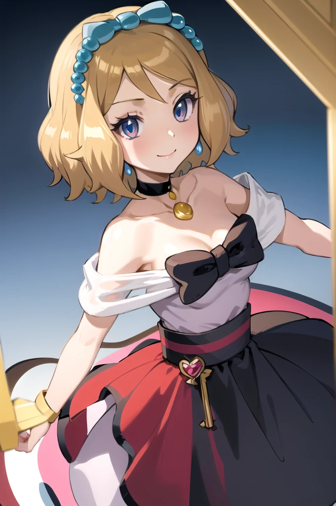 masterpiece, best quality, 1girl,serena \(pokemon\), short hair, blonde hair, blue eyes, eyelashes, black choker, hair bow, dress, collarbone, large breasts, upper body, smile, looking at viewer, solo, simple background 