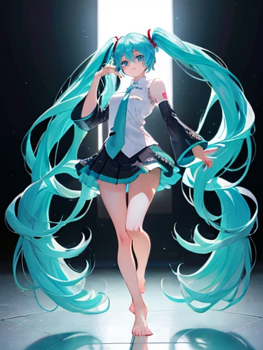 (1 girl),(high quality),(lower body shot),(Hatsune Miku is wearing a dark blue short pleated skirt with panties underneath.),(barefoot)not wearing shoes,perfect sentence,(Beautifully erect nipple shape:1.2),beautiful eyes in high resolution,(daylight white lighting:1.2),Dancing in a different world of strong winds、wearing a swimsuit、raise your legs(barefoot),show the soles of your feet,beautiful soles of feet,