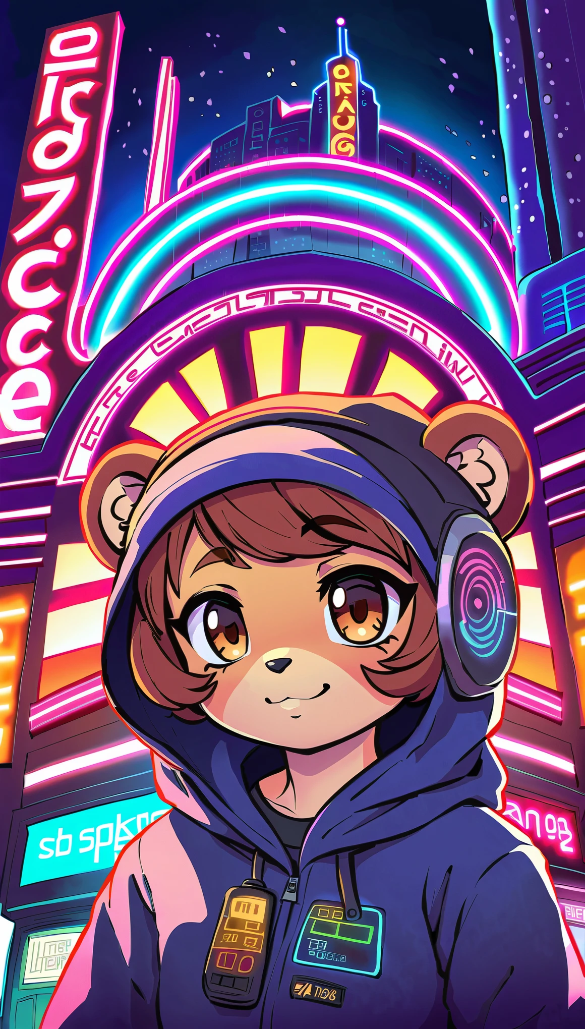 (highest quality, 4k, 8K, High resolution, masterpiece:1.2), Super detailed, Close-up of science fiction with a furry woman wearing a helmet, ((radio city, rich light changes)), Very complex and detailed expression, Science fiction fusion, bear girl, cyberpunk fashion, high contrast, (((Expressing Chibi Kawaii:1.2))).