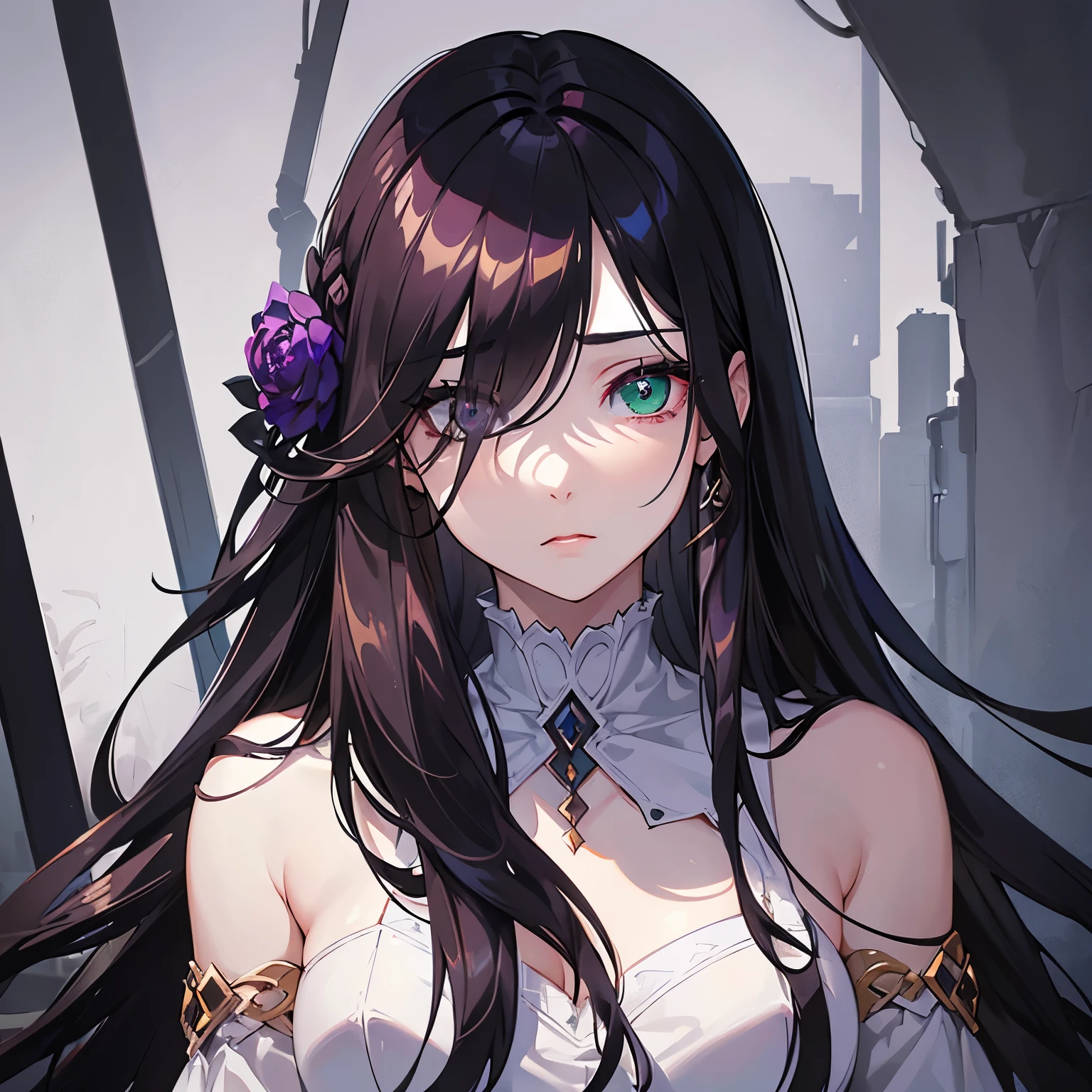 ((masterpiece, best quality)), (1girl), (solo), (female focus), ((dark hair, long hair, hair over one eye)), (hair over one eye: 1.2), sad eyes, cold facial expression, cold look, pale skin, (dark circle under eyes), decadence, stunning, eerie, bag under eyes, ((heterochromatic eyes)), purple right eye, green left eye