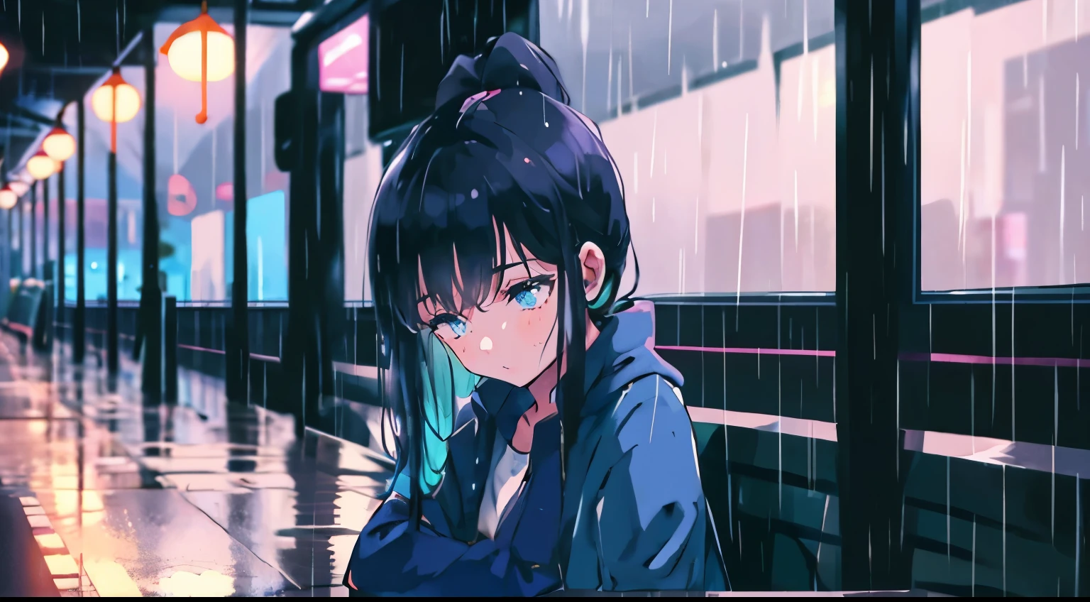 The woman is young, probably in her early twenties. She has long, dark hair that is pulled back into a ponytail. She is wearing a blue raincoat and black boots. She is carrying a book in her lap, and she is listening to music on her phone. She is looking out the window at the rain. The rain is falling heavily, and the streets are wet and shiny. The bus is moving slowly, and the woman can see the reflections of the streetlights in the raindrops on the window.

The woman seems to be lost in thought. She is not smiling, and her expression is slightly sad. Perhaps she is thinking about something that happened to her recently, or perhaps she is just feeling a little bit down. Whatever the case may be, the woman seems to be finding some comfort in the rain.

The rain is often seen as a symbol of sadness and loneliness. However, it can also be seen as a symbol of cleansing and renewal. In this case, the rain seems to be helping the woman to wash away her troubles and start fresh.

The woman's journey on the bus is a metaphor for her journey through life. The rain is a reminder that there will be challenges along the way, but the woman is determined to keep moving forward. She knows that the sun will eventually come out, and she is looking forward to seeing what the future holds.