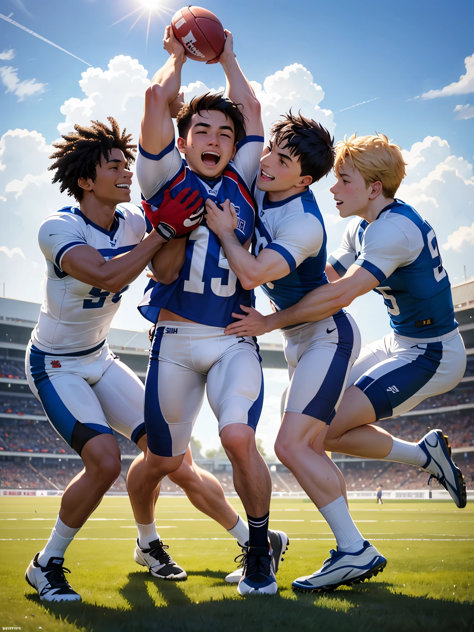 Three male friends catching a football in a park, showing off their athletic skills, with their muscular builds and confident expressions. The sunlight illuminates their chiseled features and creates a striking contrast against the green grass. The football spirals through the air as they effortlessly catch it with strong and agile movements. Their camaraderie and competitive spirit is evident as they engage in friendly banter and playful competition. With each catch, their hands showcase their dexterity and precision, making the football seem like an extension of their own bodies. Their athletic prowess is undeniable, and their synchronized movements make for an impressive display of teamwork. As they confidently catch the ball, their synchronized movements and genuine smiles exude an air of camaraderie and friendship, creating a