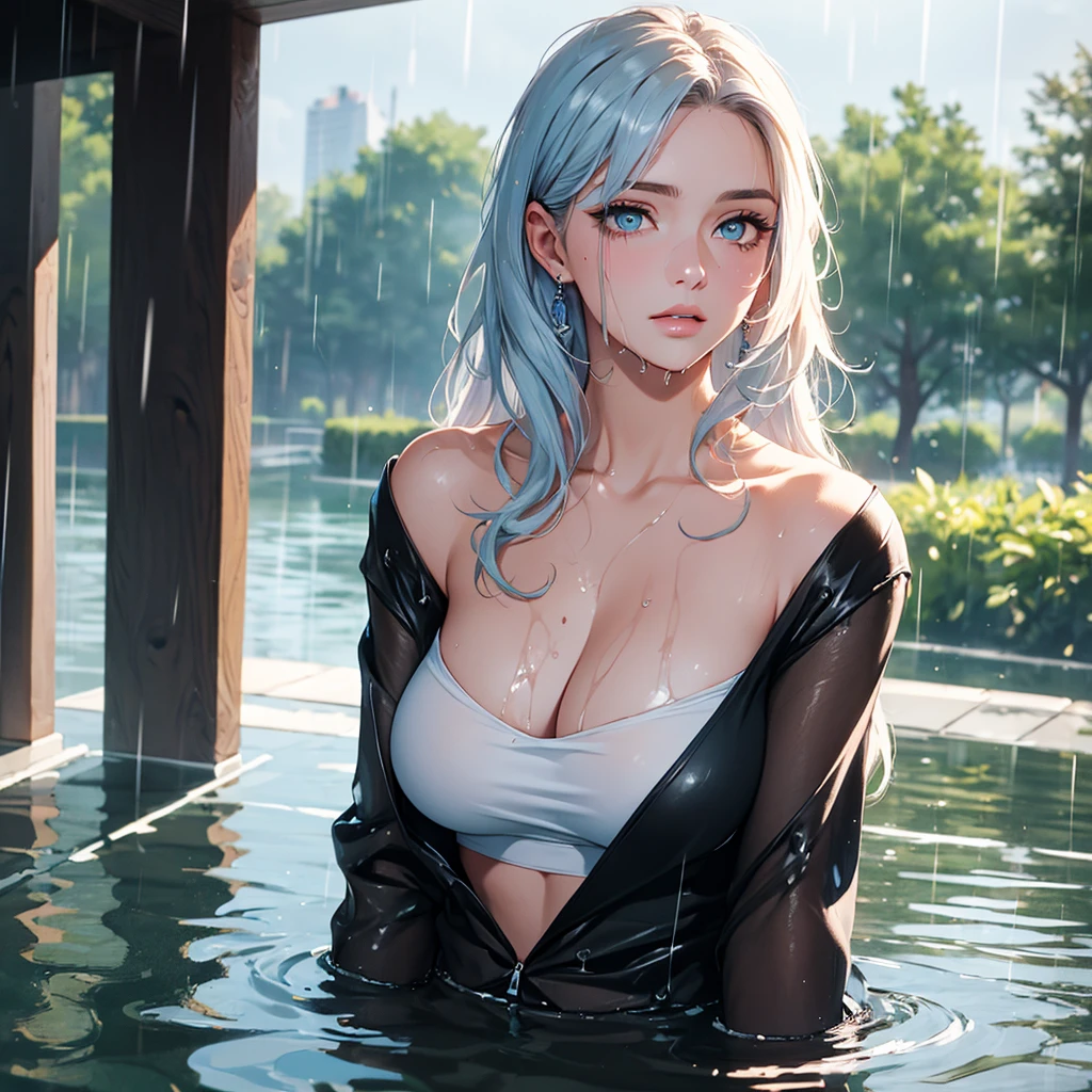 (best quality, masterpiece :1.3), pretty Woman, 1 girl, (Big breasts, Beautiful collarbone, attractive body :1.2), abdominal muscles :1.1, hair past shoulders, curls, blonde light blue hair, messy hair, Single side lock, (wet from rain, get wet by rain, wet :1.2), sky blue eyes, gradient Lake green eyes, upturned eyes, Pupils reflect surroundings, Very rich facial details, delicate lips, exquisite eyes, double eyelids, pupils sparkling, 16K