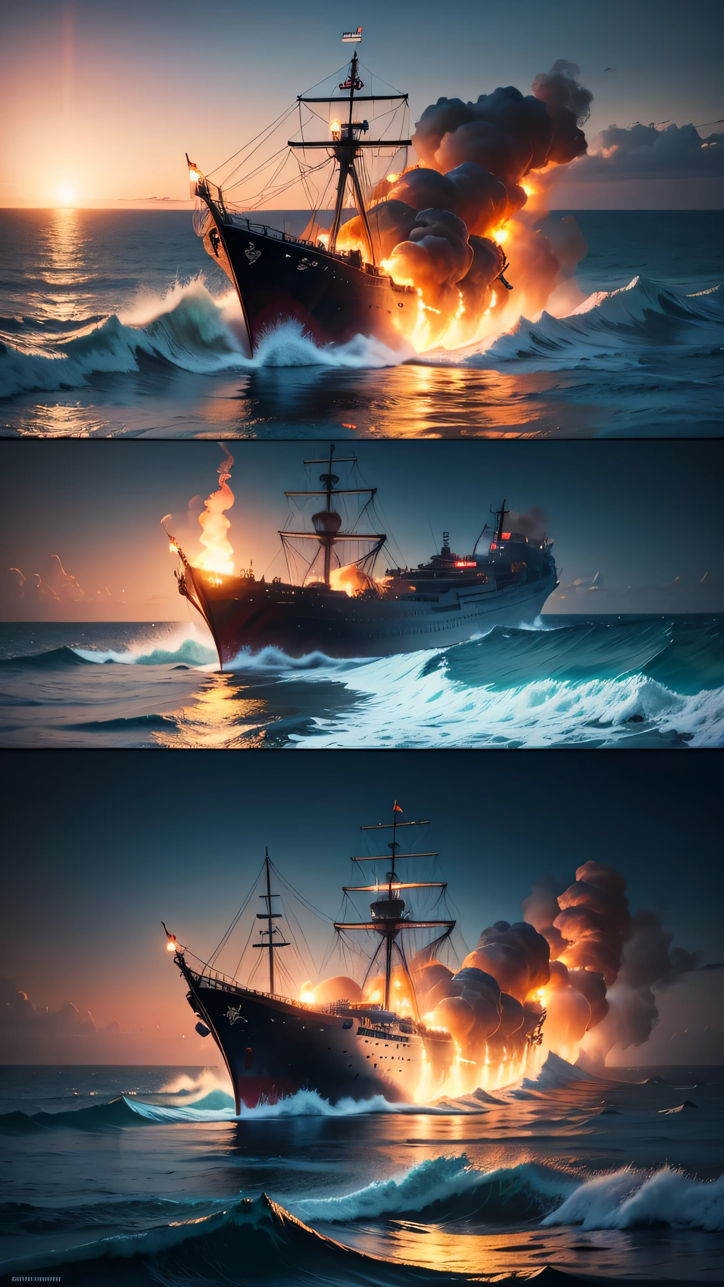 3 ships collide at sea, the ship catches fire, broken ships, night sky, 8k, high quality