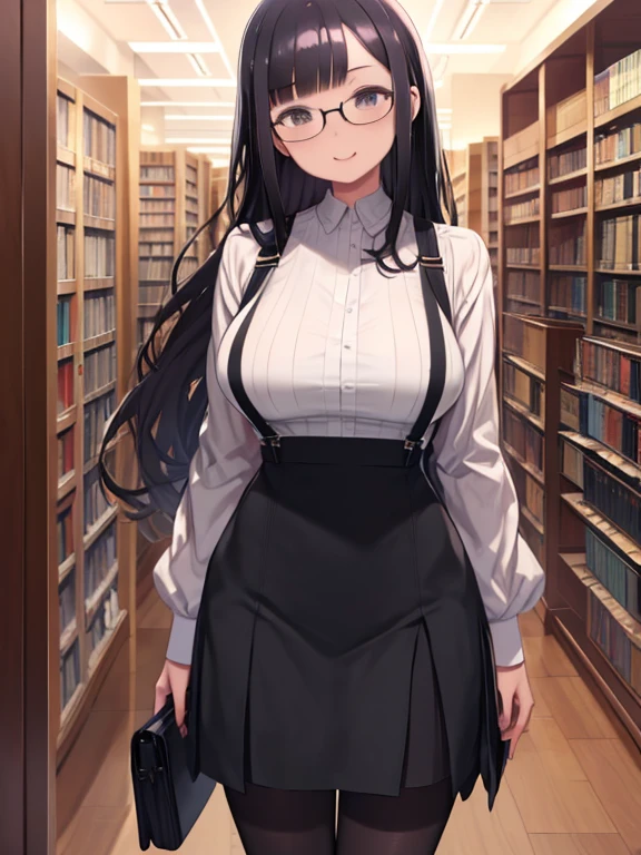 masterpiece, highest quality、Medium wide shot、cowboy shot、 1 mature woman、((big breasts))、black haired woman、asymmetrical bangs、wavy hair、Medium long hair、Hair curled inward、white shirt、(high waist jumper skirt、suspenders)、black stockings、Glasses、laughing、looking at the viewer、library、