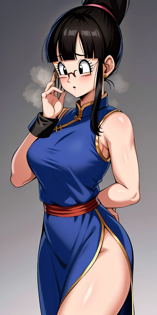 (extremely detailed CG unity 4k wallpaper),(masterpiece),(best quality),(ultra-detailed),(best illustration),(best shadow),(absurdres),(detailed background), Chi Chi (dragon ball), 1girl, solo, black hair, chinese clothes, hands on own face, bangs, blunt bangs, (ponytail), black eyes, china dress, sleeveless, dress, ponytail, hands on own cheeks, wristband, sleeveless dress, upper body, blue dress, :o, long hair, eyelashes, glasses