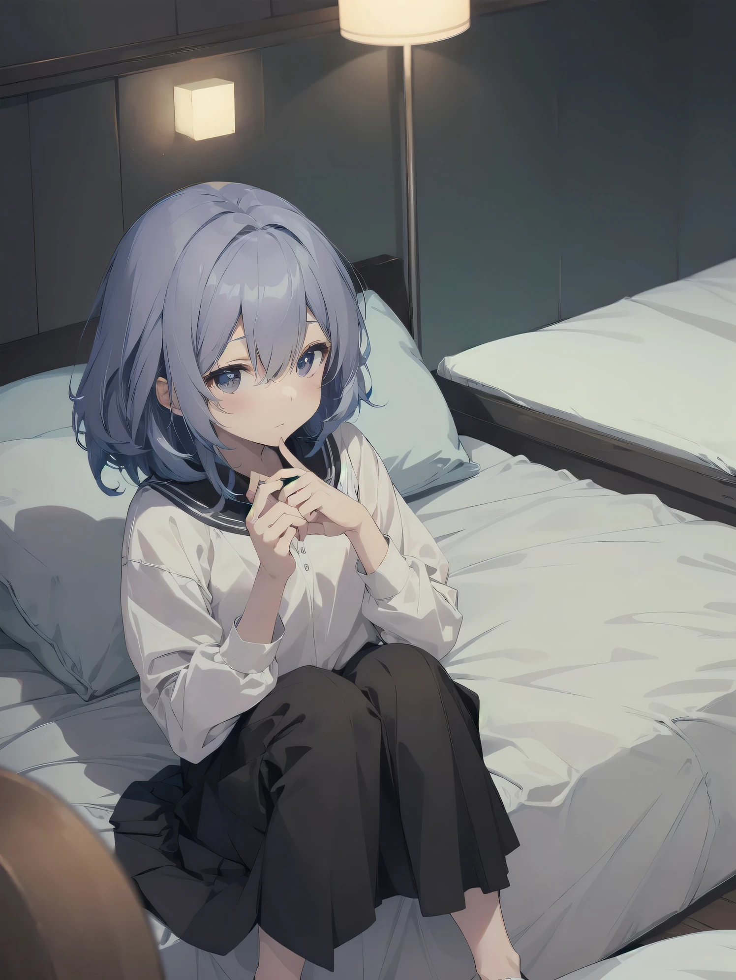 ultra-absurdres-Top quality by artist God, ultra-detailed, high resolution, anime moe artstyle, best anime 8k konachan wallpaper, pixiv contest winner, perfect anatomy,break, 1girl, (Please draw a girl sitting sleepily on bed alone. )break,(Solo,little female, 13-year-old:1.3),Full limbs, complete fingers,a junior high school student, Attractiveness of immature bodies, (very short hair), short cut, flat chest, , small butt, small black eyes, beautiful detailed eyes, well-proportioned iris and pupils, expressive eyes, highres detailed hair, soft expression, blush, school_uniform, white shirt, pleated skirt,(Detailed Lighting), (Detailed background), in the hotel room. break,super detailed skin, Best cinematic lighting powered by famous artist, 8k,beauty illustration,photoshop_(medium),very aesthetic,break,((artist:fujiyama )), artist:akinashi_yuu ,artist:oyari_ashito ,artist:kantoku ,