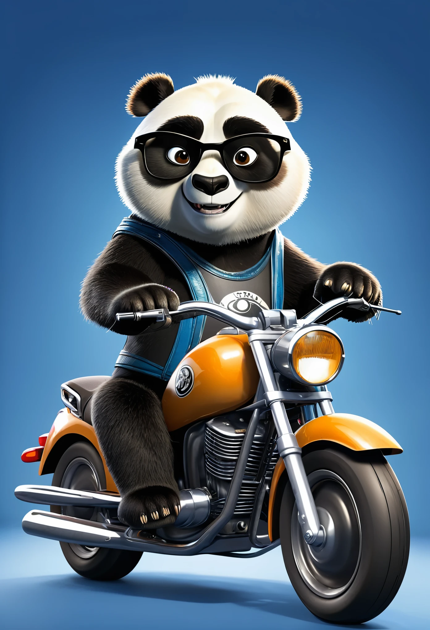 create the image of the kung fu panda bear wearing sunglasses, driving a motorcycle, in disney pixar style.
