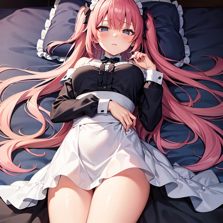 sleep on your stomach、1 girl,half closed eyes,blush,heart shaped eyes,pink hair,blue eyes,two side up,shoulder,evil children、tight,NSFW,pussy、pussy、pussy、Maid clothes,Nsfw,pussy juice,slut:1.5)