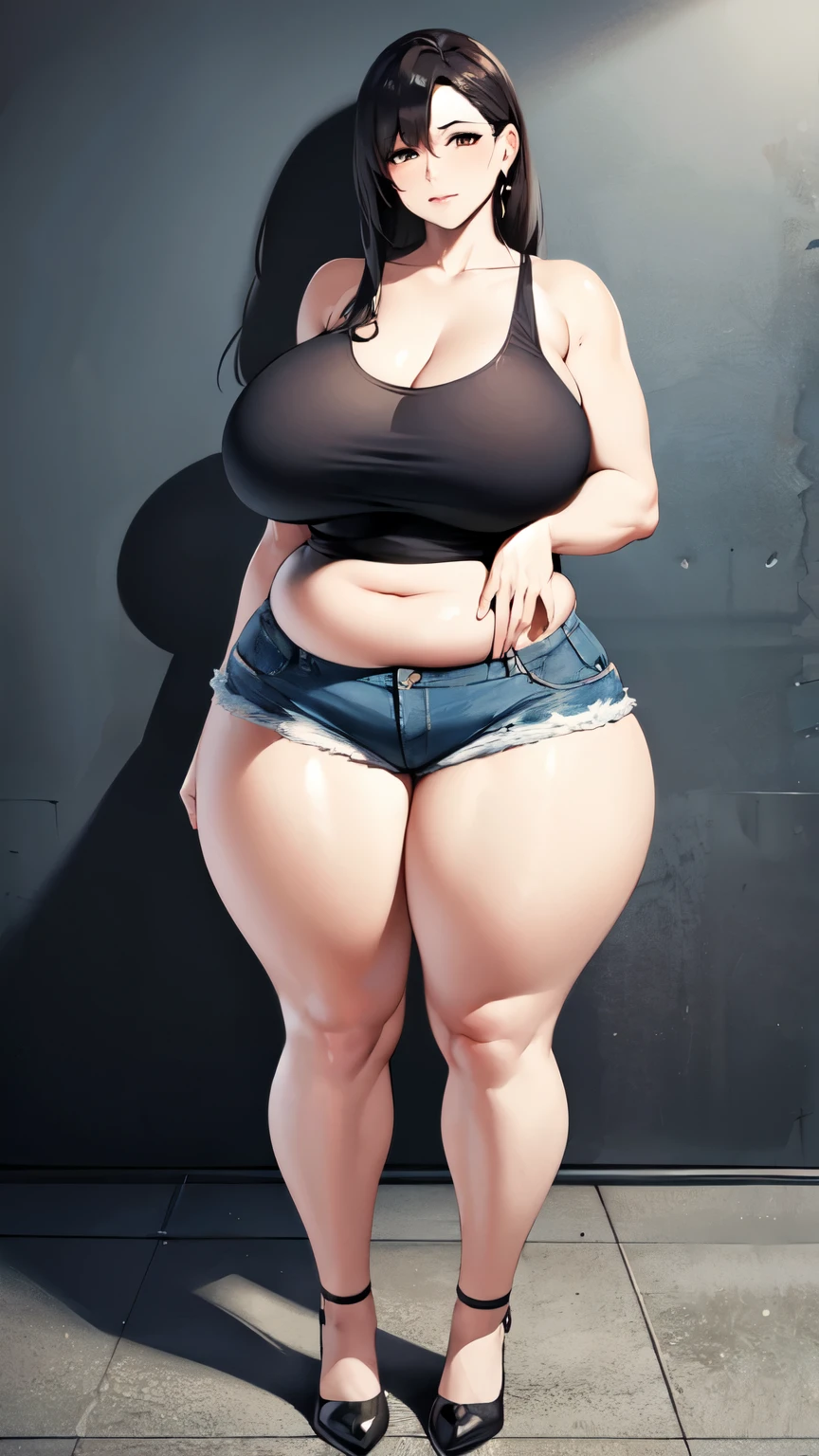 huge breasts, big hips, Tank top, denim shorts, full body shot, Mature mother, Whip lower body, plump thighs, calf, bewitching mature woman, perfect body, plus size model,