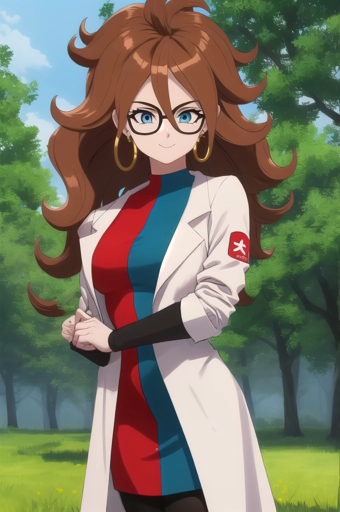 android21, 1girl, solo, blue eyes, brown hair, long hair, curly hair, hair between eyes, jewelry, hoop earrings, glasses,
checkered dress, two-tone dress, multicolored dress, tight dress, turtleneck, black pantyhose, labcoat, long sleeves,
smile,closed mouth,cowboy shot,
forest,outdoor,
(insanely detailed, beautiful detailed face, masterpiece, best quality) cinematic lighting,