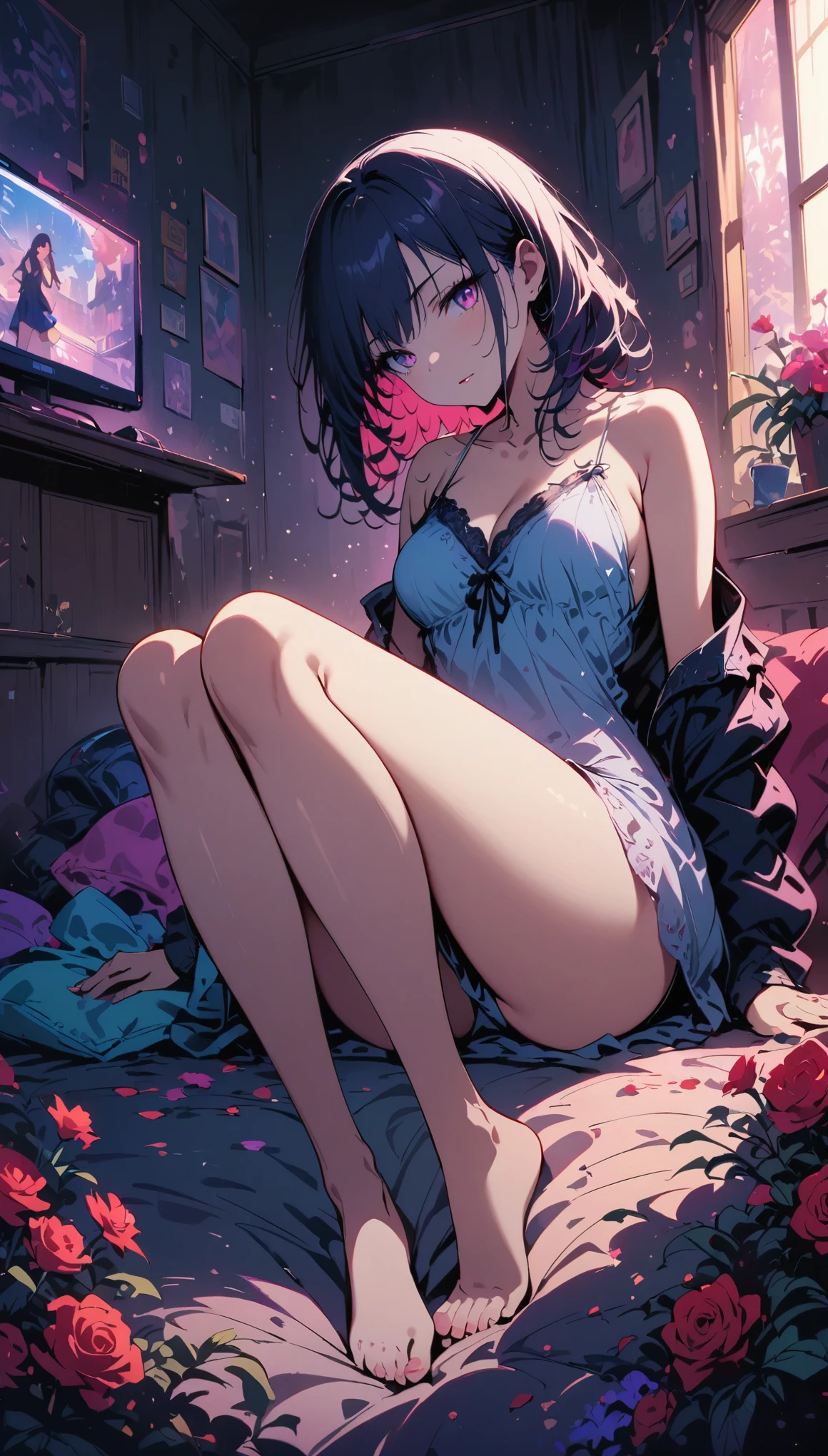 (Super real), (illustration), (High resolution), (8K), (Very detailed), (Best illustration), (Beautiful and delicate eyes), (best quality), (super detailed), (masterpiece), (wallpaper), (Detailed face), alone, (dynamic poses), a girl, In bed, white curly hair, Throw away clothes, Japanese, iris colored eyes, (((Very thin, short nightgown)), medium breasts, long legs, Best ride for legs, (No), (Without)