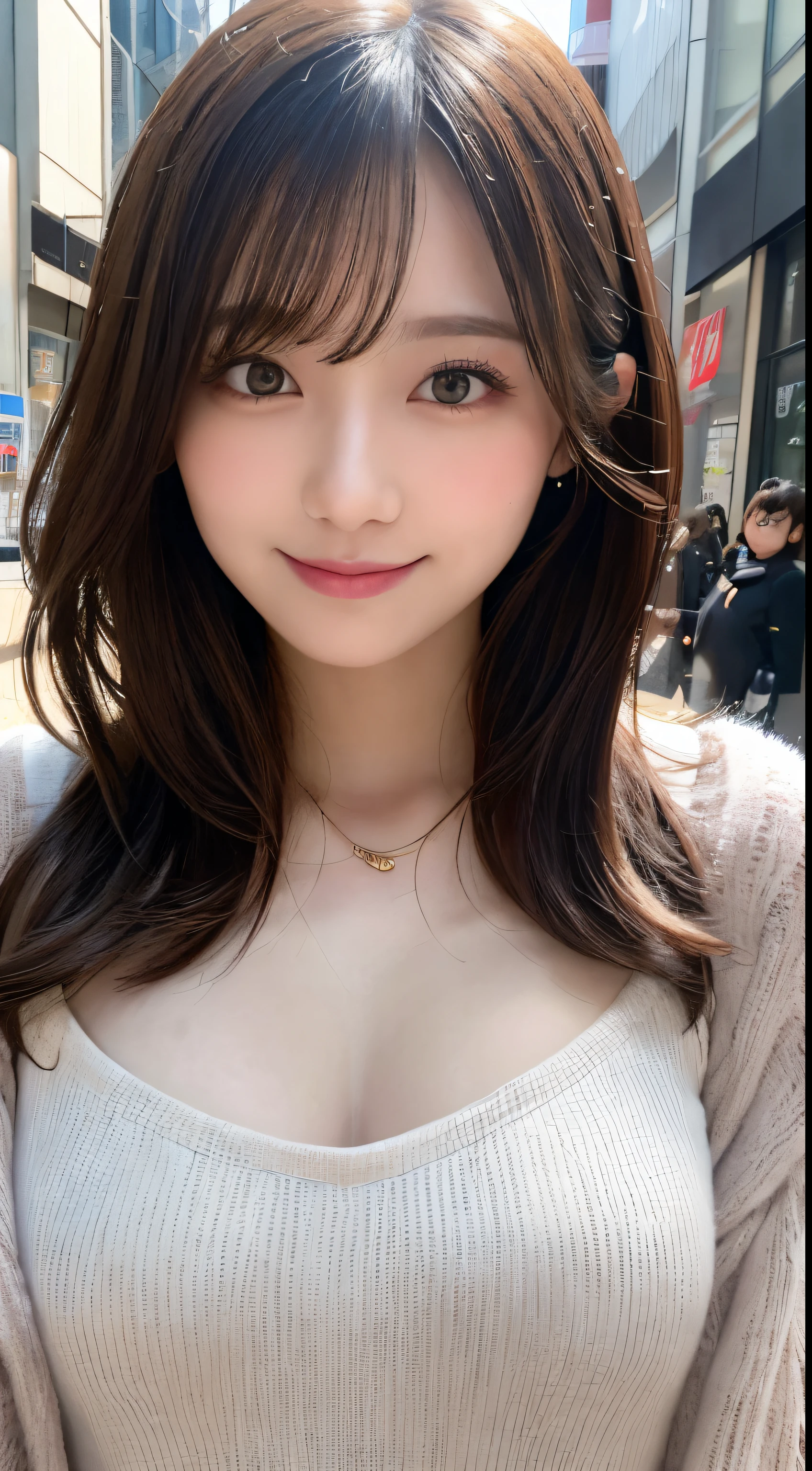 masutepiece, Best Quality, Illustration, Ultra-detailed, finely detail, hight resolution, 8K Wallpaper, Perfect dynamic composition, Beautiful detailed eyes, Trendy Women's Fashion Winter Clothes,Medium Hair,Small breasts natural color lip, Bold sexy poses,Smile,Harajuku、20 years girl、Cute、Sexy shot looking at camera
