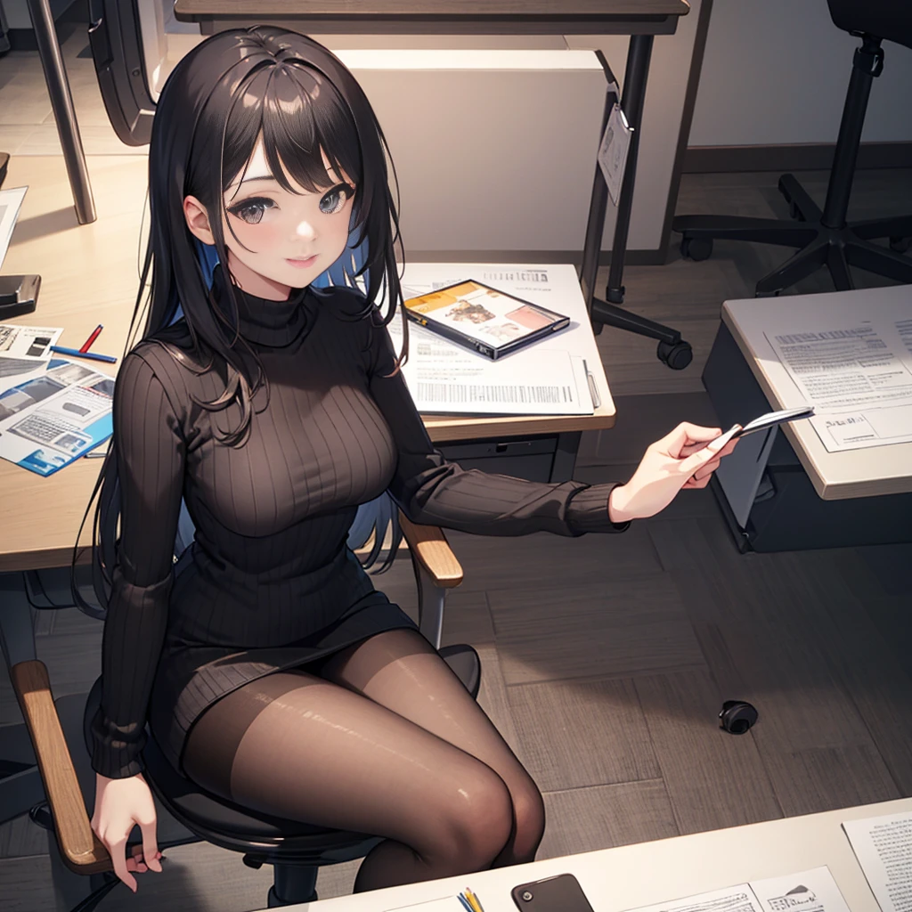 ((masterpiece)), ((best quality)), ((highest quality)), ((ultra-detailed)), ((8k cg wallpaper)), ((extremely delicate and beautiful)), ((illustration)), (high resolution), 1lady, black hair, straight hair, smile, black turtleneck sweater, medium breasts, dark gray skirt, black pantyhose, detailed hands, sitting in office chair, office desk, looking at viewer