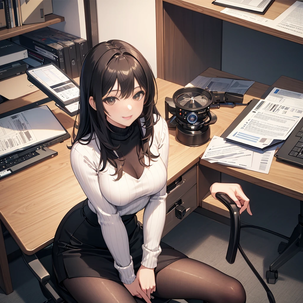 ((masterpiece)), ((best quality)), ((highest quality)), ((ultra-detailed)), ((8k cg wallpaper)), ((extremely delicate and beautiful)), ((illustration)), (high resolution), 1lady, black hair, straight hair, smile, black turtleneck sweater, medium breasts, dark gray skirt, black pantyhose, detailed hands, sitting in office chair, office desk, looking at viewer