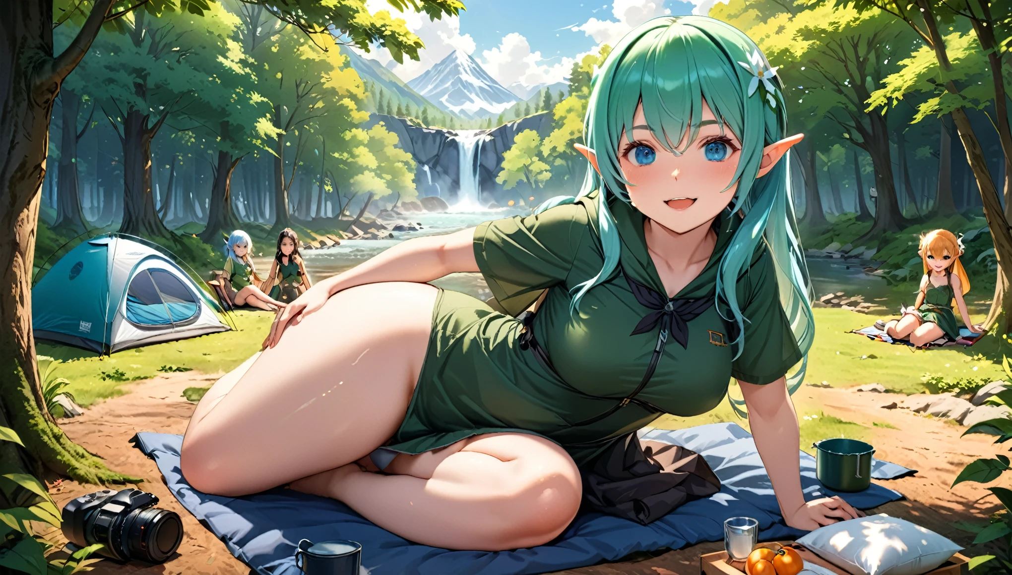 ((Masterpiece, highest quality)) , A beautiful elven girl, light blue hair,Hair style is twin tails, blue eyes,white skin, smile, fat body type,breast, camping in nature, And multiple elven girls, light green hair, Wearing hunter-elf costume, looking at viewer, blush, smile, open mouth, bangs, hair between eyes, relaxing, outdoors, day, water, tree, tent, camping in nature