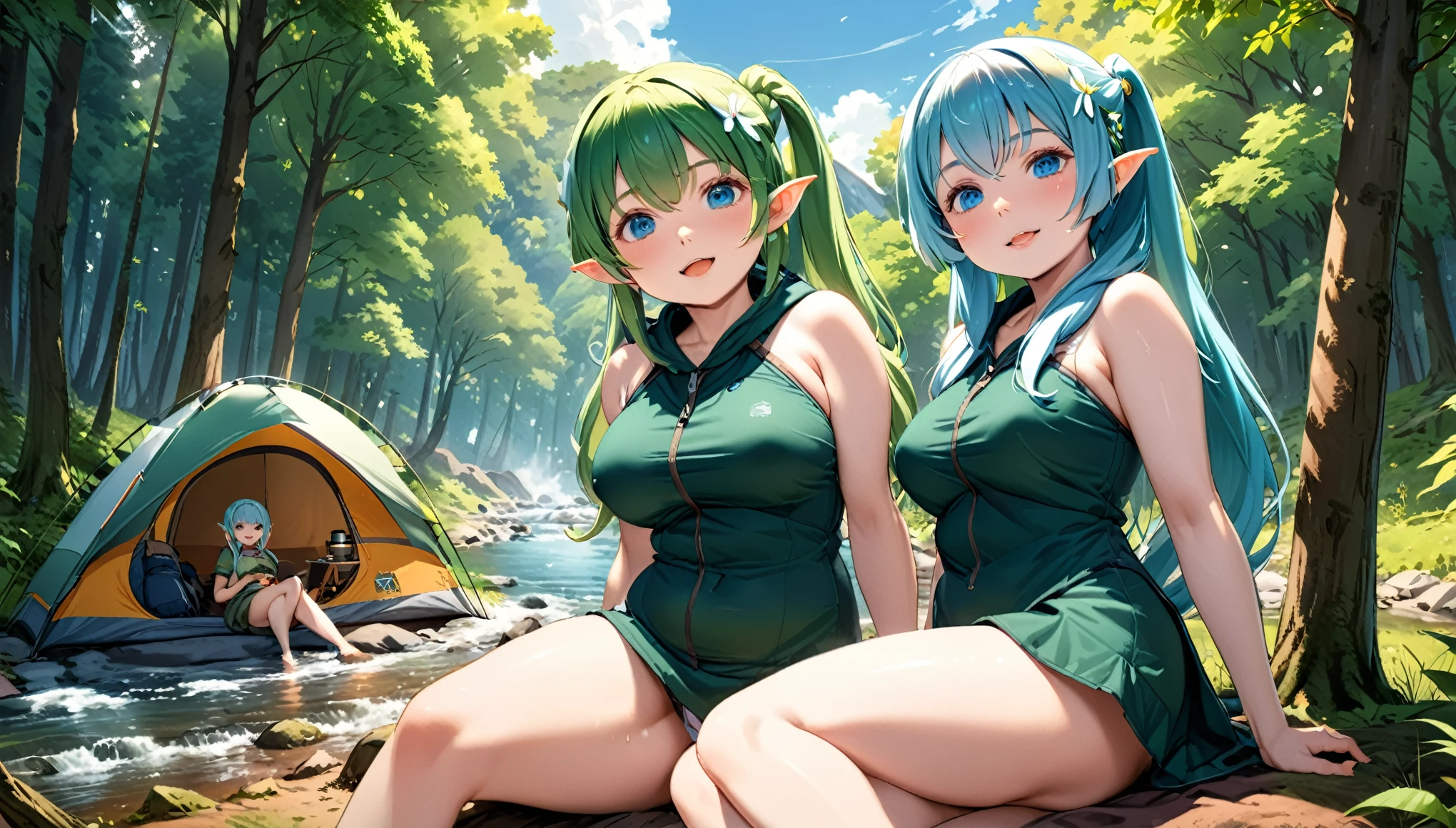 ((Masterpiece, highest quality)) , A beautiful elven girl, light blue hair,Hair style is twin tails, blue eyes,white skin, smile, fat  body type,breast, camping in nature, And multiple elven girls, light green hair, Wearing hunter-elf costume, looking at viewer, blush, smile, open mouth, bangs, hair between eyes, relaxing, outdoors, day, water, tree, tent, camping in nature
