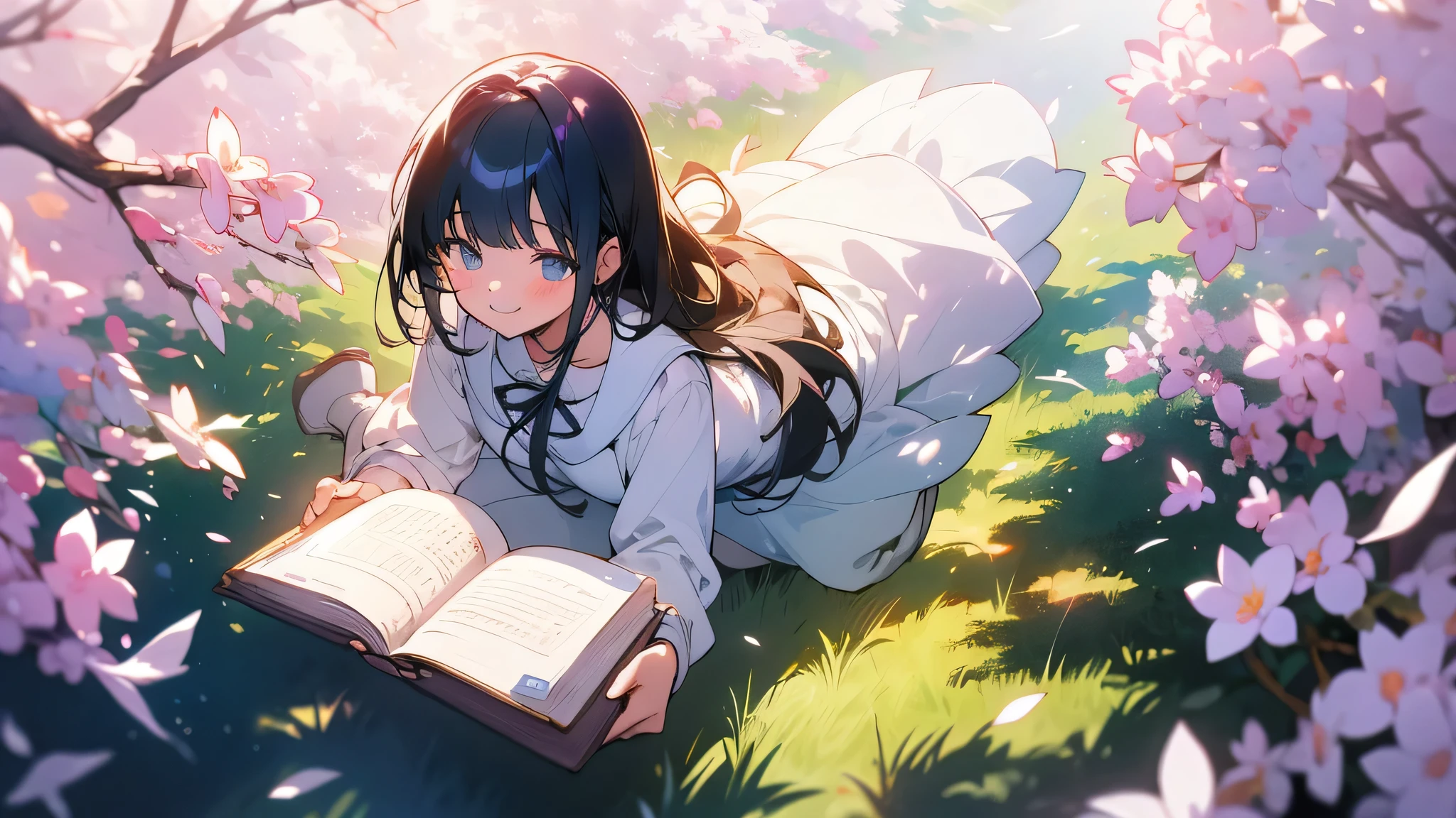 funeral freelen,sunlight filtering through the foliage,reading,anime style,super resolution,Spring breeze,smile,A crumpled smile,white dress,anime style girl,Looking up, it seems dazzled