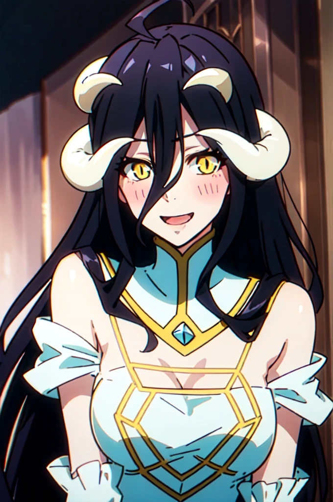 albedow, medium breasts, long black hair, yellow eyes, white dress, white elbow gloves, looking at viewer, :d, blush, saliva, upper body