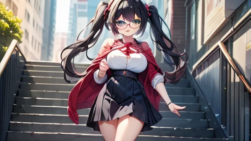 masterpiece,highest quality,wonderful,finely,High resolution,1 girl, big breasts,(wizard:1.3), black hair, glasses, green eyes,twin tails,full body