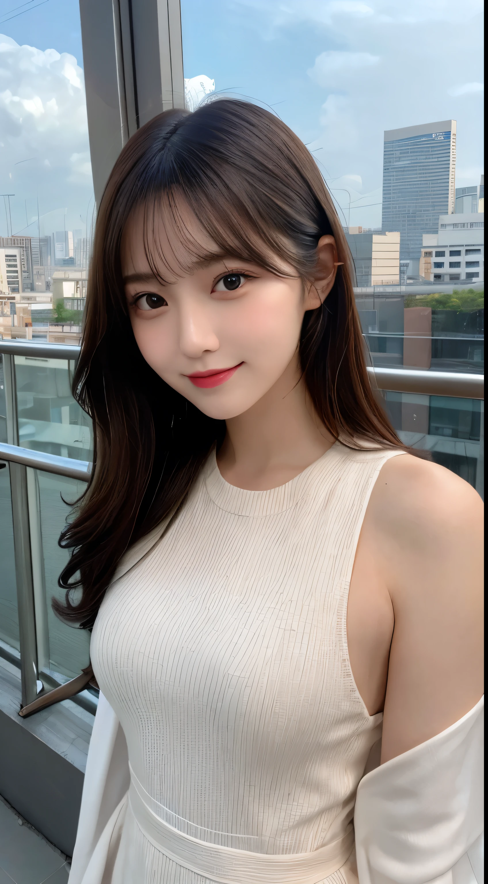 table top, highest quality, shape, Super detailed, finely, High resolution, 8k wallpaper, perfect dynamic composition shape, beautiful and detailed eyes, small breasts, natural color lip, random sexy pose,smile,big city、20 year old girl、midnight、Beautiful and dense face、perfect and beautiful face,Big eyes、real photos（best image quality）,one piece（hide the chest）hide the chest、dress（long sleeve）、Jacket、The Roof Shibuya Sky top floor background