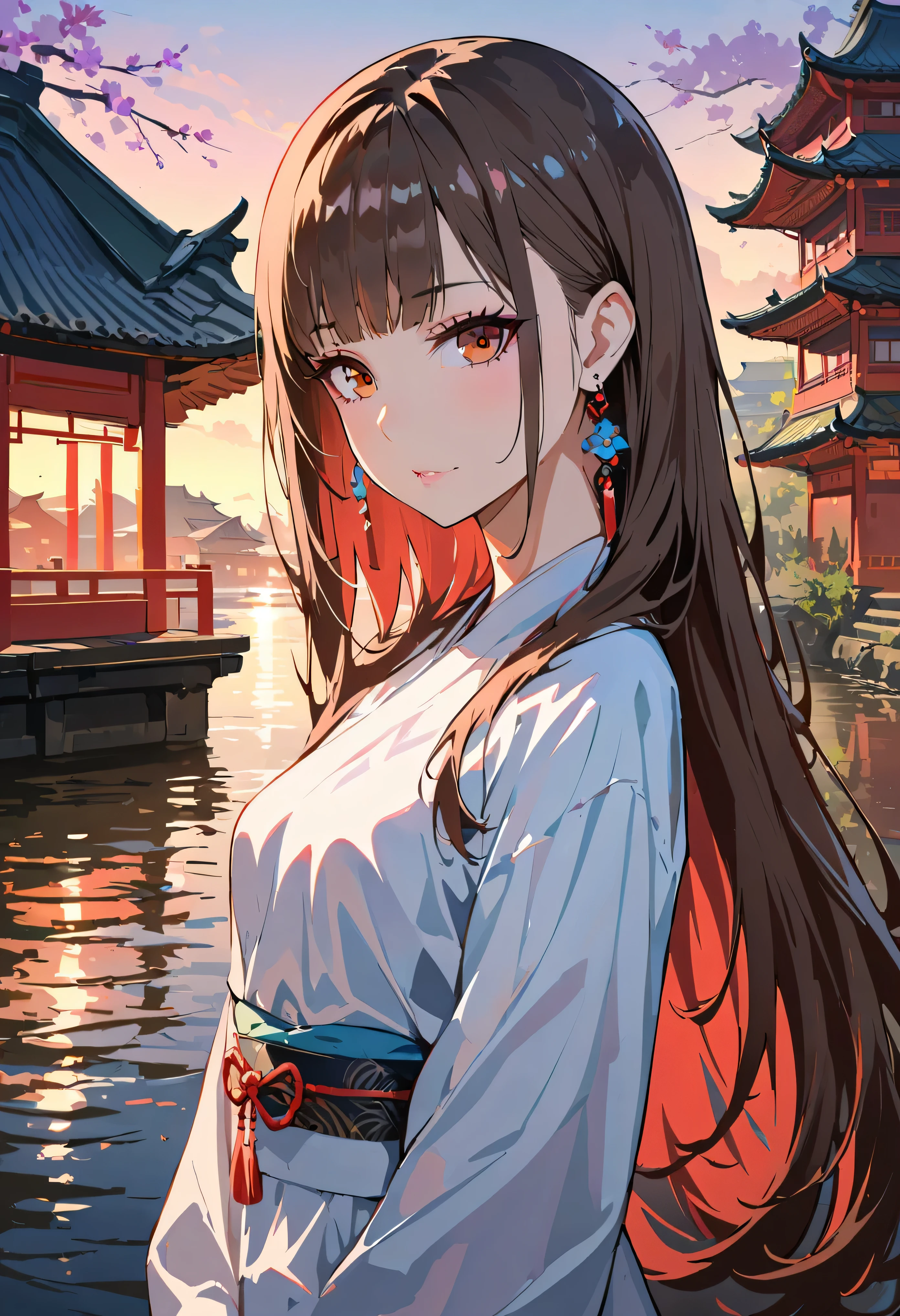 (highest quality: 1.3, masterpiece: 1.3), ultra hd, (1 girl, alone), atmospheric perspective, detailed face, Upper body, compensate, pink lips, cleft lip, shiny skin, (brown hair), super long hair, watch in front of an audience, red eyes, earrings, small breasts, Because I'm slender, (white silk), (((((east asian architecture, riverside, beautiful background))), perfect lighting, (front lighting), Physically based rendering,