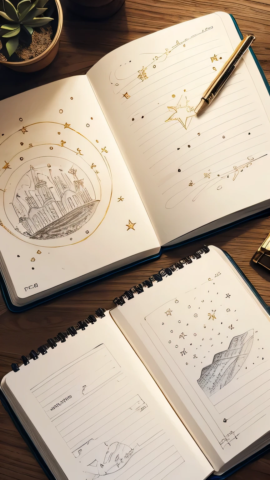 sketchbook with stars doodles on paper, cinematic light, golden hour