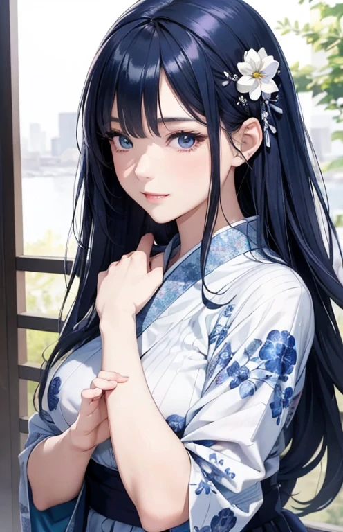 masterpiece、highest quality、High resolution、high quality images、8K, 1 female、skin luster、Texture of skin and clothing、Expression of fine eyes、shiny blue hair,Girl with long blue hair, Manga inspired by Lee Jong-suk, trending on deviantart, realism, detailed manga style, manga art style, perfect line drawing, beautiful line drawing, digital manga art girl, K-POPアイドル, dress, beautiful blue eyes, plump lips, detailed gorgeous face, (cute smile), charm, innocent, Side view, (perfectly detailed face), (fine hands) photorealistic images, Depth of written boundary, half up hairstyle, hair ornaments, yukata,at the wedding,Summer festival, evening,