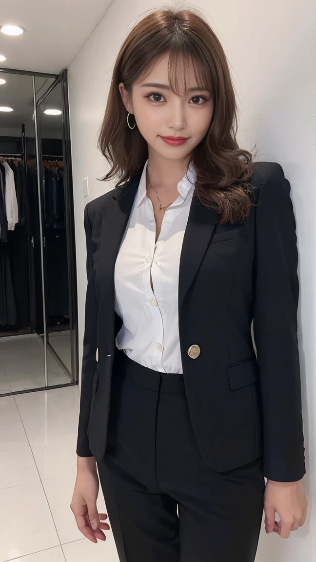最high quality, masterpiece, 32k、Super detailed、realistic、4 girls, japanese woman、cute face, (photo actual:1.3), edge lighting, (high detail skin:1.2), 8K超High resolution, Single-lens reflex camera, high quality, High resolution, 4k, 8K, Optimal ratio of 4 fingers to 1 thumb, (actual:1.3), cute 4 girls, wearing a black formal blazer, wear a white shirt inside a suit jacket、Black Formal Pantsuit、natural poses for photos、natural smile、Honesty