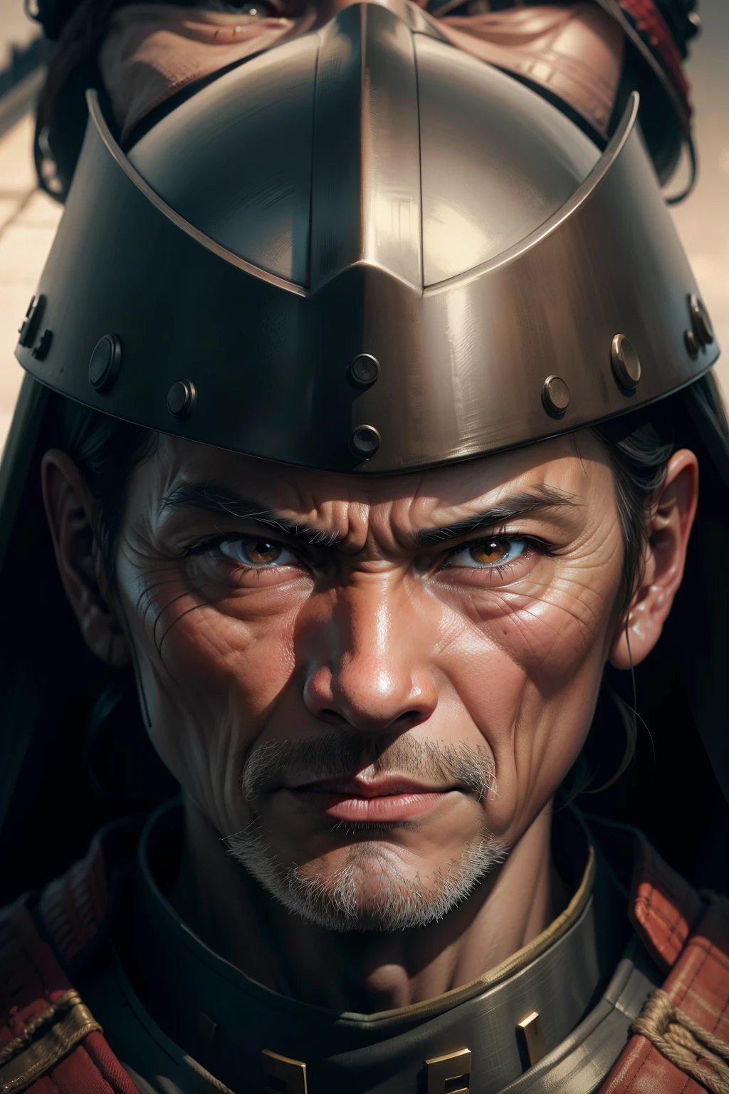 Realistic ultra HD close-up portrait,A samurai wearing a war mask, Wrinkles ,Facial expressions show strong emotions