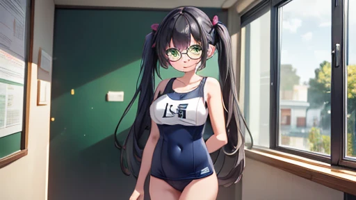 masterpiece,highest quality,wonderful,finely,High resolution,1 girl, big breasts,(school swimsuit:1.3), black hair, glasses, green eyes,twin tails,full body