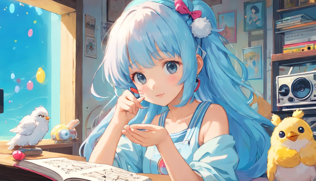 (masterpiece, highest quality), 8K, 4k, 8K, Super detailed, beautiful images, clear image, perfect face, perfect lines, perfect eyes, soft lighting, (((Girl's UP)))、(((The girl's face is well visible)))、make many round chicks、(())、(((cassette tape、radio cassette player、record)))、cute beautiful girl、((Listening to music with headphones on))、machine、Note、computer、light bulb、window、Chair、curtain、retro、(((80s))) Neon color、pastel colour、((blue and white room))、Polka dot pattern、lemon、80'sパターン、round pattern、square pattern、Cartoon screentones、Dot pattern is applied from above、cooking、chick chick、Cotton candy、candy、(((Get into a rhythm))), (((lofi-art))), Cute white fur ball creature、(((The structure and balance of the face of the human body, objects, and living things are well-balanced without any discomfort.))), (((the fingers of the hand5Book))), (((beautiful and well-shaped body)))、(((Cute and beautiful face)))、Ramune Ramune Ramune、summer