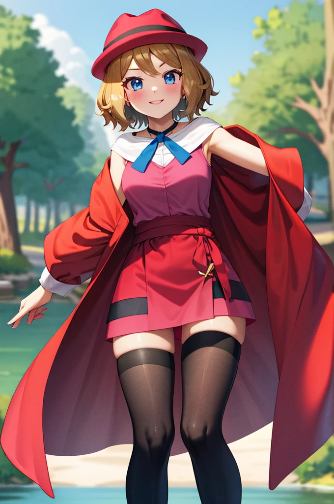 masterpiece, best quality, highres, serena \(pokemon\), short hair, blue eyes, 1girl, solo, blue ribbon, eyelashes, black thighs, neck ribbon, sleeveless, bangs, collarbone, bare arms, pink dress, red coat, pink hat, outdoor, standing by a lake, blushing, smile, long stockings, black stockings, mid-thigh stockings, medium-sized female breasts,  Neckline, detailed background, background of great details.