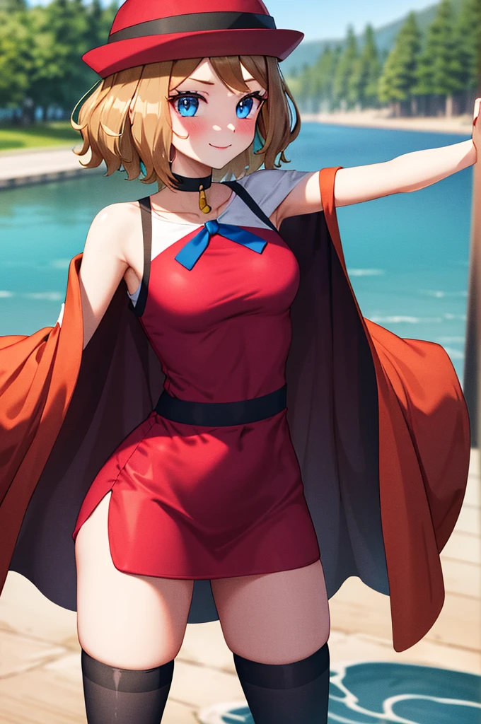 masterpiece, best quality, highres, serena \(pokemon\), short hair, blue eyes, 1girl, solo, blue ribbon, eyelashes, black thighs, neck ribbon, sleeveless, bangs, collarbone, bare arms, pink dress, red coat, pink hat, outdoor, standing by a lake, blushing, smile, long stockings, black stockings, mid-thigh stockings, medium-sized female breasts,  Neckline, detailed background, background of great details.