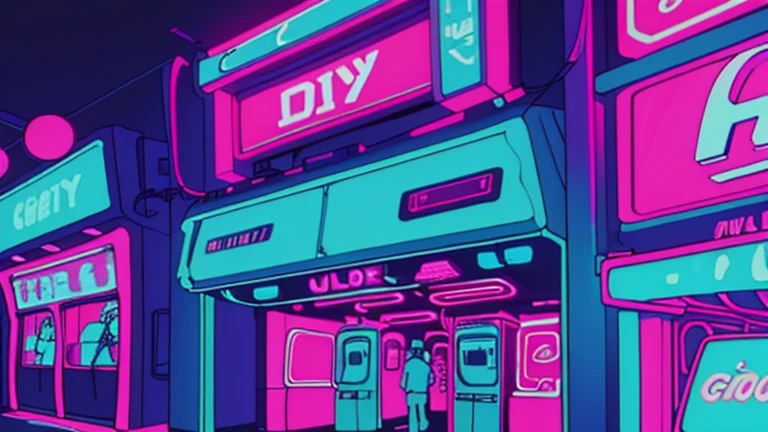 Cartoon style illustration of a neon arcade: A vibrant and captivating 2D image depicting an arcade filled with the glow of neon signs. The intricately designed pixels create a retro, 80's anime atmosphere, perfectly encapsulating the gamer aesthetic. Cyberpunk undertones are present with the sharp lines and intense neon colors contrasting against the dark background. The lofi art style adds a chilled, relaxing ambience to this dynamic scene, immersing viewers in the immersive world of this neon arcade.