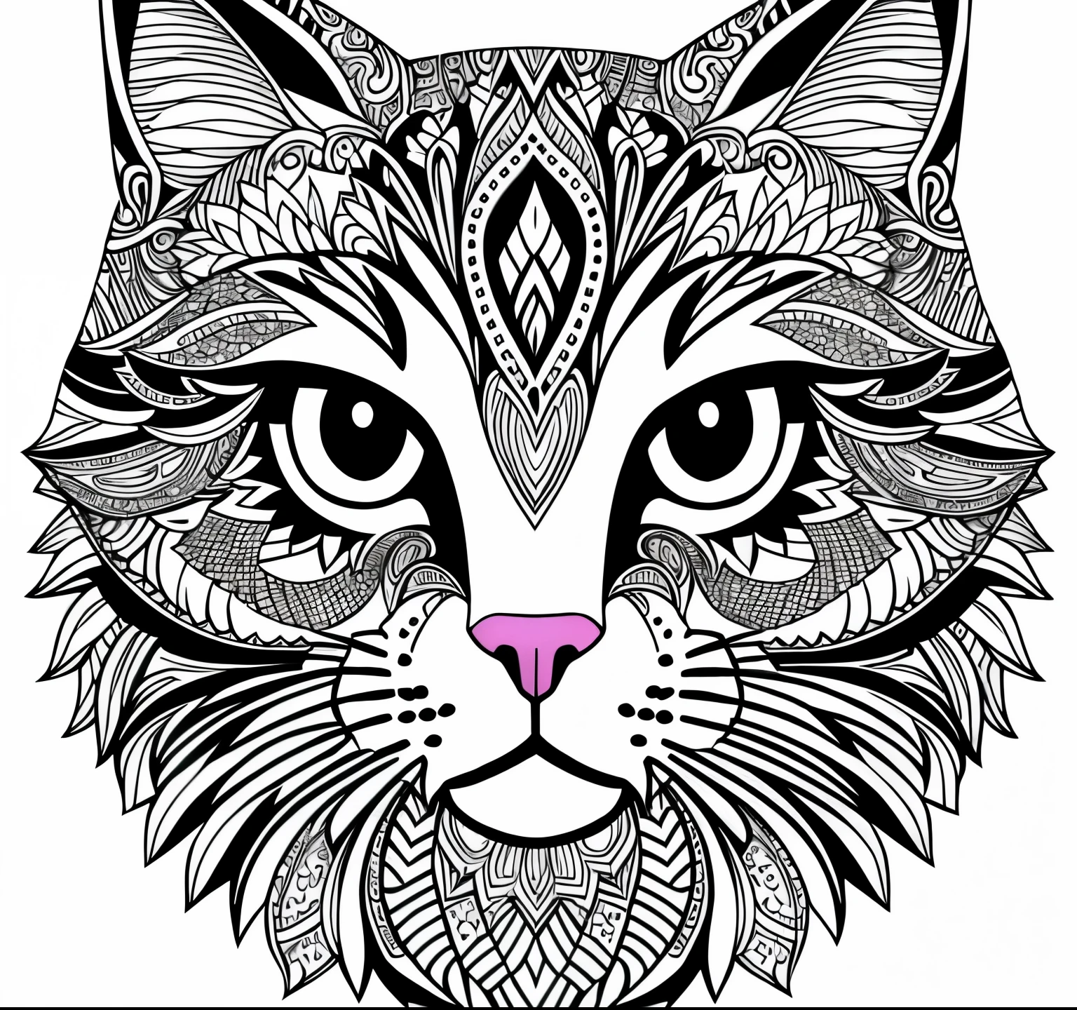 black and white drawing of a cat with a pattern on its face, detailed cat, Detailed rendering in 4K, design to gato, very detailed and hypnotic, Black & White Vector Graphics, detailed line drawing, hyper-detailed line art, detailed digital drawing, on a complex detail, Coloring book page, with a lot of details, Lineart Behance HD |, Coloring line art width 768, height 768 