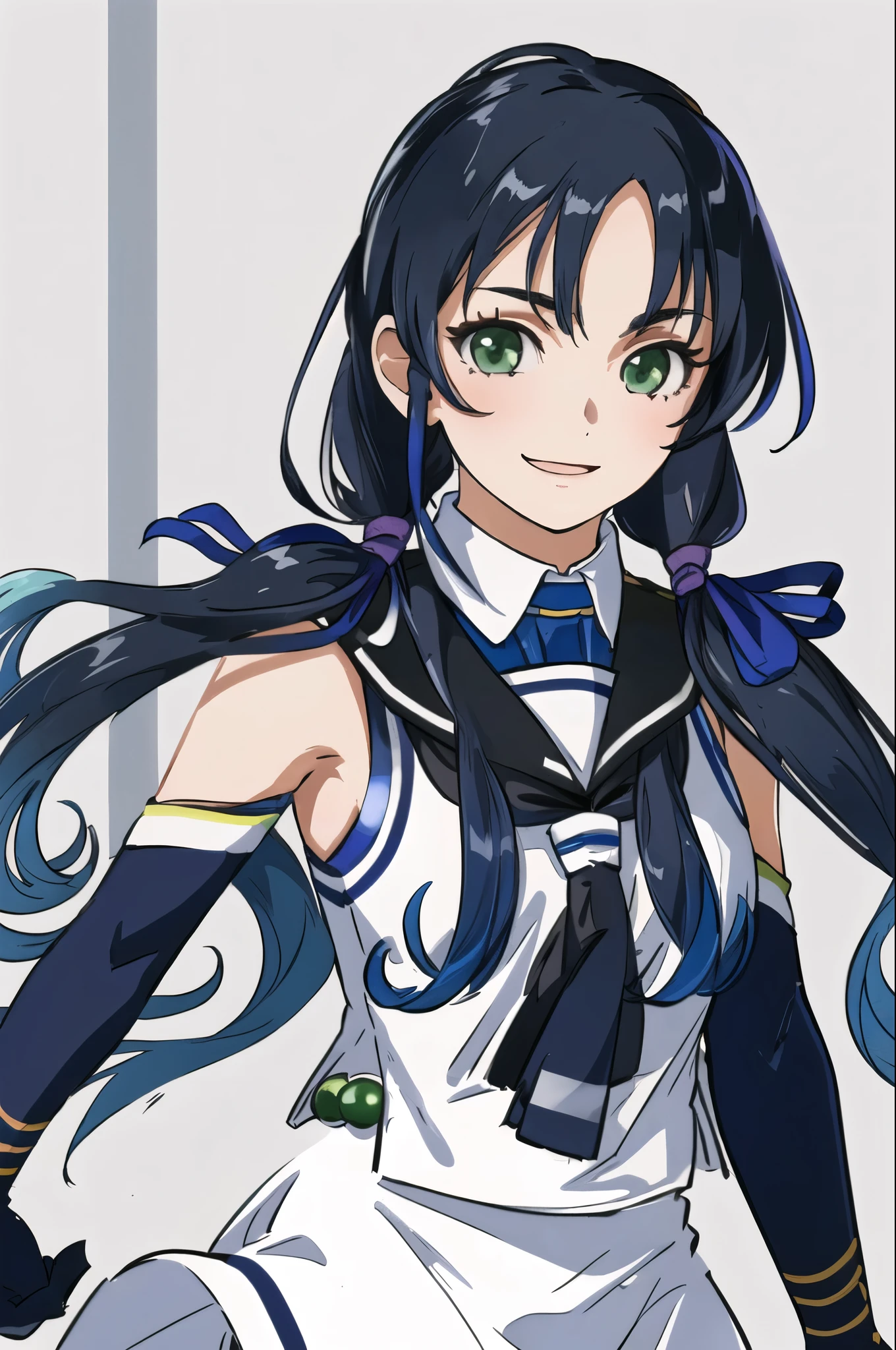 (masterpiece), (highest quality), (Super detailed), realistic, (best illustrations), (very delicate and beautiful),1 girl, alone,cool breeze KC, blue ribbon,twin tails, hair ribbon, cowboy shot, white serafuku, No sleeve, sailor collar,white skirt, black neckerchief,(elbow bag),black gloves,Shirt collar, Happy, detailed background, smile, detailed iris, low twin tails, long hair, green eyes