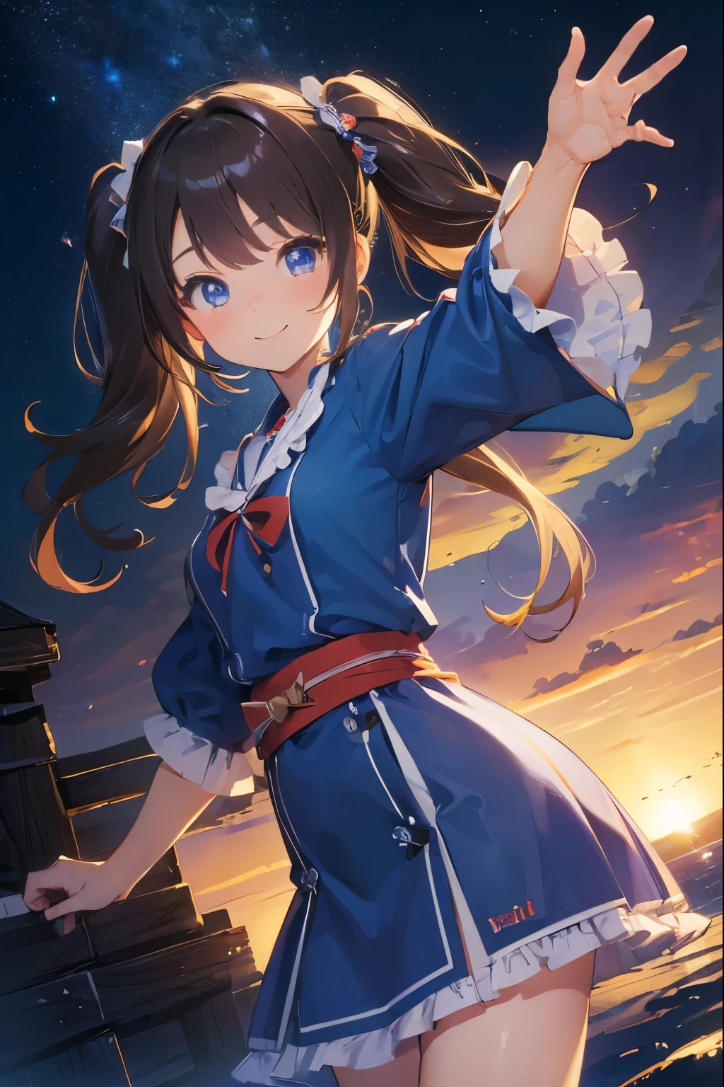 (((high quality,masterpiece,4k,8k))),cute girl,japanese idol ,big eye,blue eye,brown low twin tails,smile,
te minidress,frill,alice,low angle