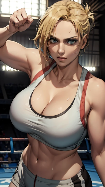 (best quality, masterpiece), Annie AOT, solo , boxing, in ring, sports bra, big breasts, cleavage, shorts, sweat looking_at_viewer