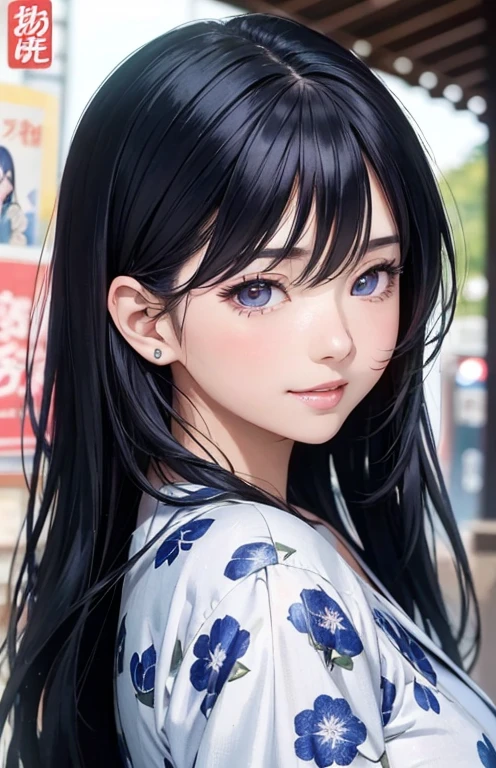 masterpiece、highest quality、High resolution、high quality images、8K, 1 female、skin luster、Texture of skin and clothing、Expression of fine eyes、shiny blue hair,Girl with long blue hair, Manga inspired by Lee Jong-suk, trending on deviantart, realism, detailed manga style, manga art style, perfect line drawing, beautiful line drawing, digital manga art girl, K-POPアイドル, dress, beautiful pink eyes, plump lips, detailed gorgeous face, (cute smile), charm, innocent, Side view, (perfectly detailed face), (fine hands) photorealistic images, Depth of written boundary, half up hairstyle, hair ornaments, yukata,at the wedding,Summer festival, evening,