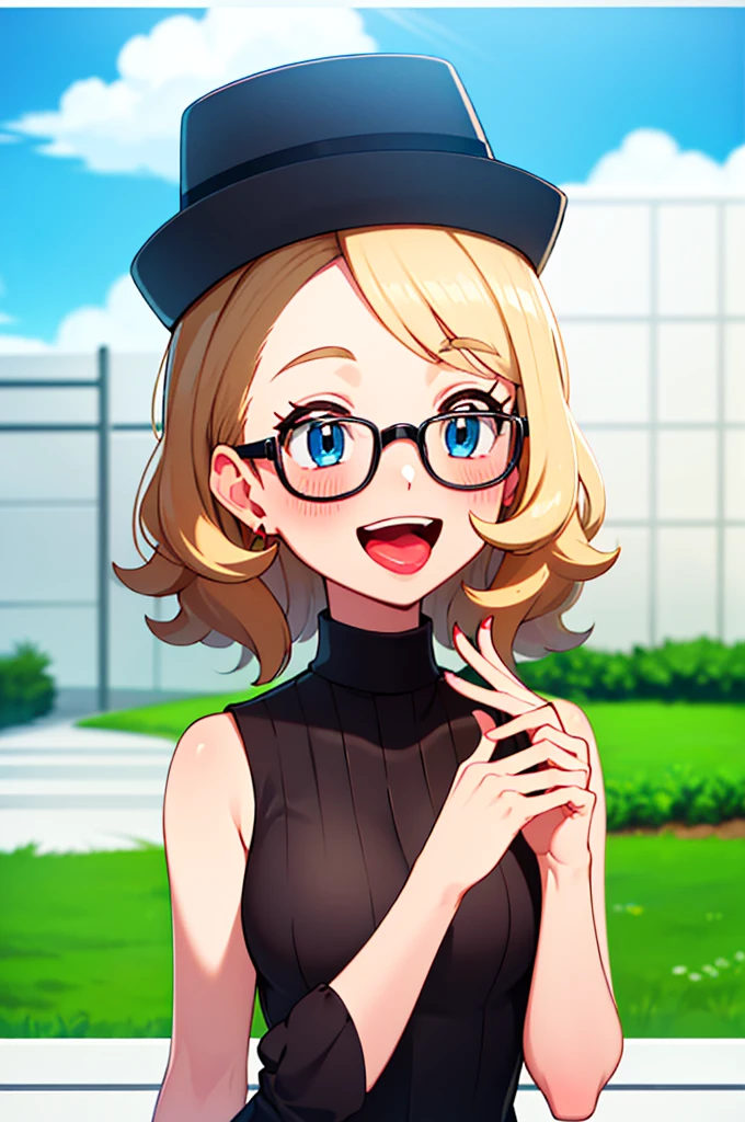masterpiece, best quality, highres, 1girl, solo, blush, smile, short hair, open mouth, bangs, blue eyes, blonde hair, hat, jewelry, upper body, :d, earrings, outdoors, sky, sleeveless, day, tongue, shiny, cloud, hand up, water, blurry, vest, bare arms, eyelashes, turtleneck, border, happy, grass, sweater vest, sleeveless turtleneck, grey headwear,  glasses