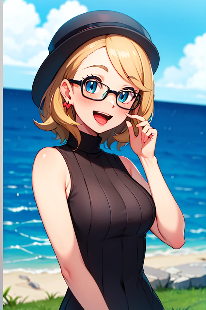 masterpiece, best quality, highres, 1girl, solo, blush, smile, short hair, open mouth, bangs, blue eyes, blonde hair, hat, jewelry, upper body, :d, earrings, outdoors, sky, sleeveless, day, tongue, shiny, cloud, hand up, water, blurry, vest, bare arms, eyelashes, turtleneck, border, happy, grass, sweater vest, sleeveless turtleneck, grey headwear, glasses