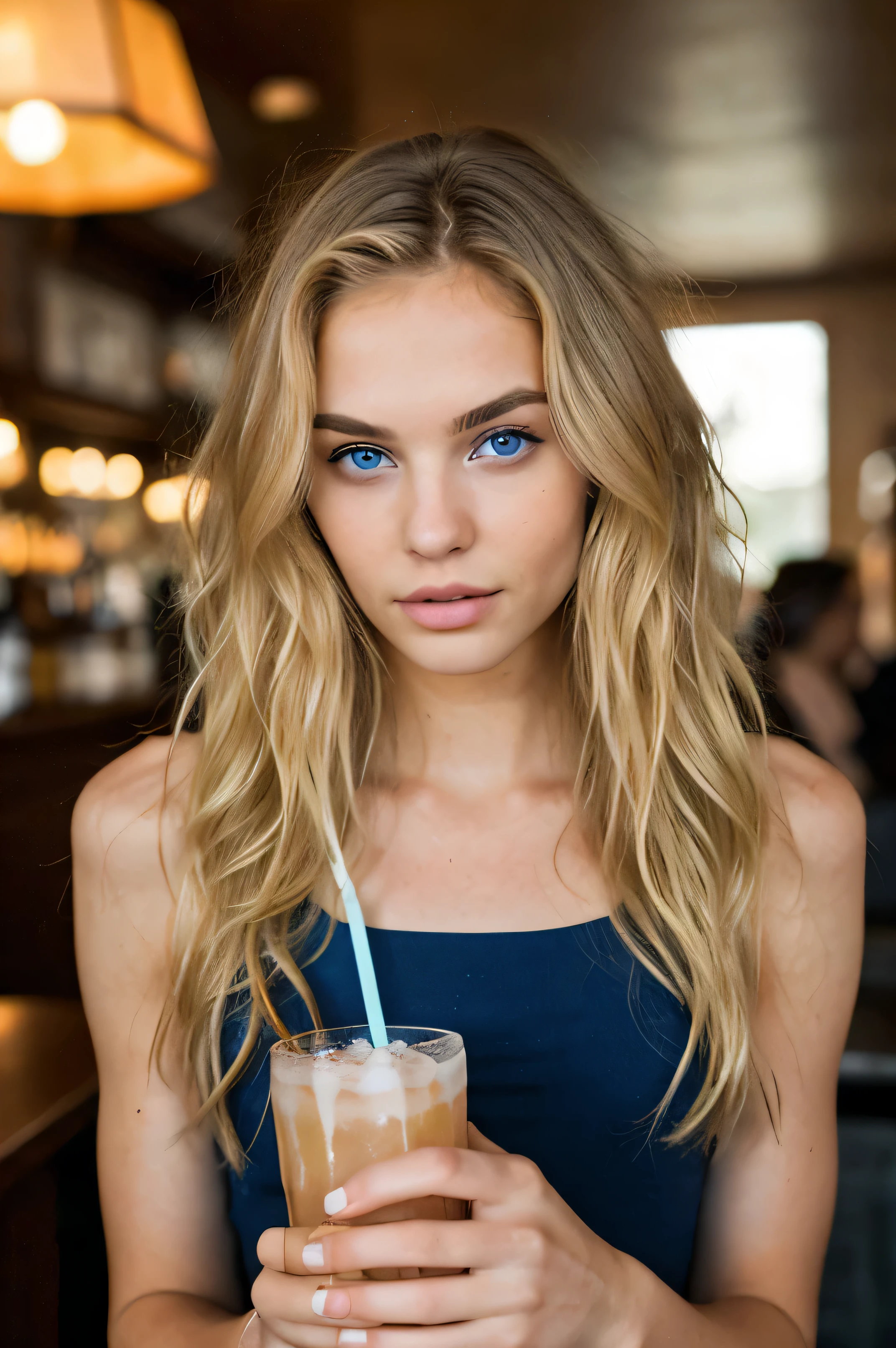 attractive blonde model, long wavy hair, blue eyes, dark eyebrows, holding drink