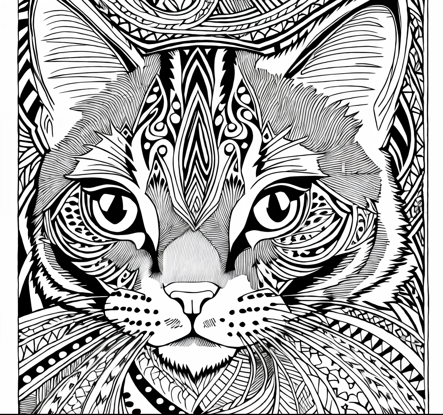 black and white drawing of a cat with a pattern on its face, detailed cat, Detailed rendering in 4K, design to gato, very detailed and hypnotic, Black & White Vector Graphics, detailed line drawing, hyper-detailed line art, detailed digital drawing, on a complex detail, Coloring book page, with a lot of details, Lineart Behance HD |, Coloring line art width 768, height 768 