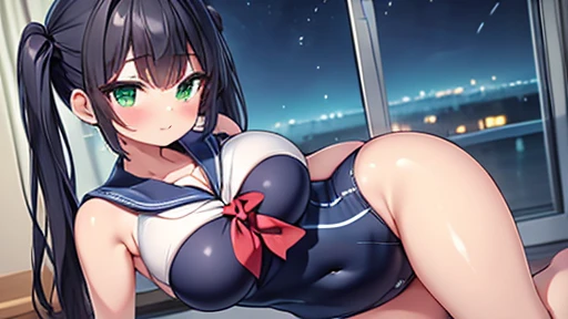 masterpiece,highest quality,wonderful,finely,High resolution,1 girl, big breasts,(sailor swimsuit:1.3), black hair, glasses, green eyes,twin tails,full body
