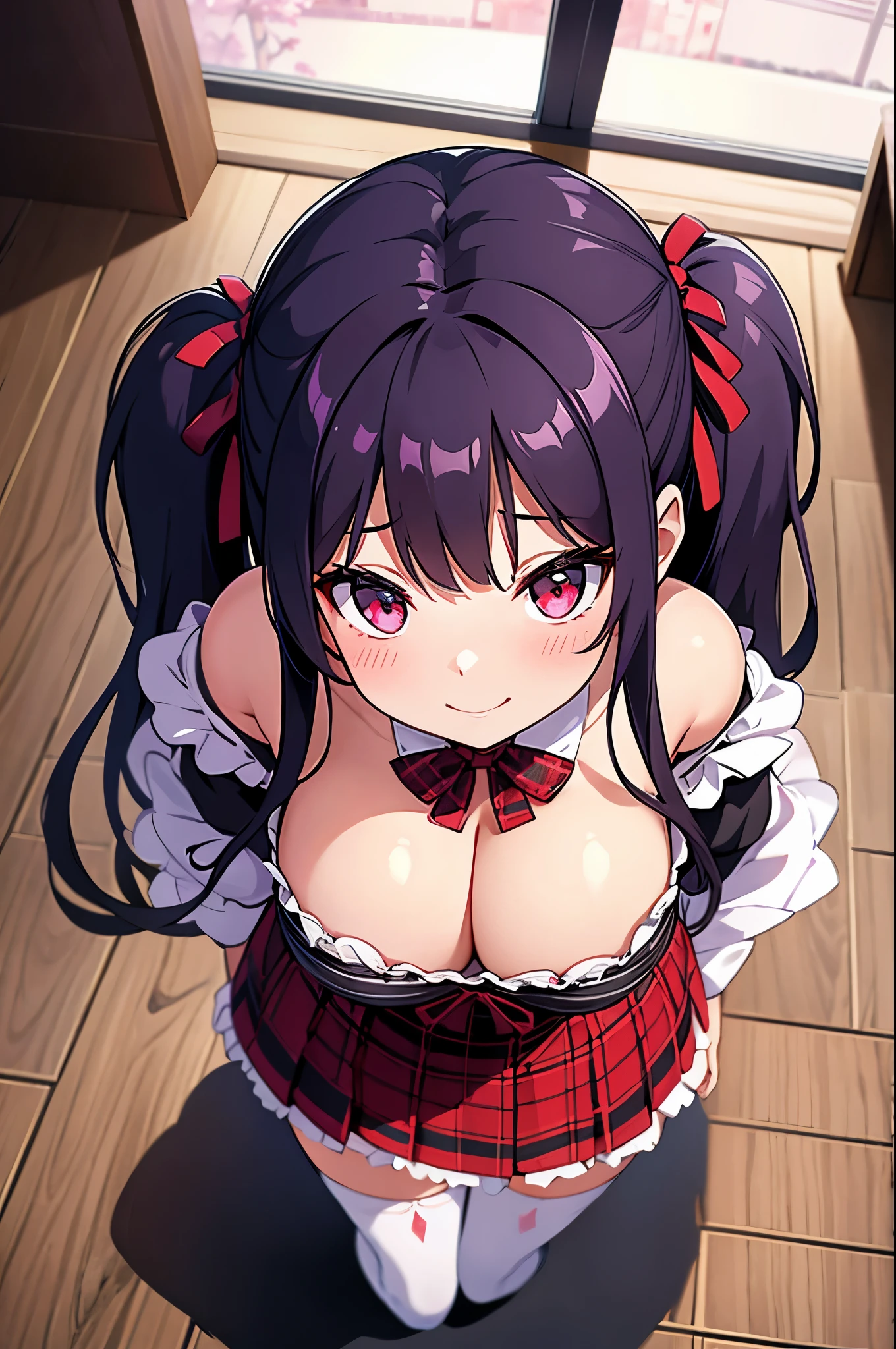 In 8K、highest quality、room with window、with a girl、Dark purple hair、twin tails、big pink ribbon、delicate face、smile、red eyes、blushing face、Black and white blouse with lots of frills、plaid red skirt、Skirt flips up、beautiful feet、striped lace tights、black platform pumps、seductive thighs、big breasts:1.8、big ass:5.5、big breasts、cleavage、 thin waist、beautiful waist、shiny skin、Perspective from above、black panties with holes、