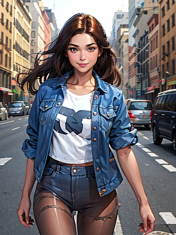 Best Quality, 25 year old girl, alone, long brown hair, discreet smile, looking at viewer, denim jacket over white cropped t-shirt, blue denim skirt, shiny pantyhose, white sneakers, cosmopolitan city setting