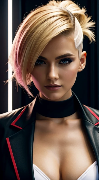 Gundam, Beautiful 28 years old Blond girl in suit multicolor high details, glamour photo, short hair, big , cyber punk, gundam, dark makeup, mohawk hair, nipple cuffs