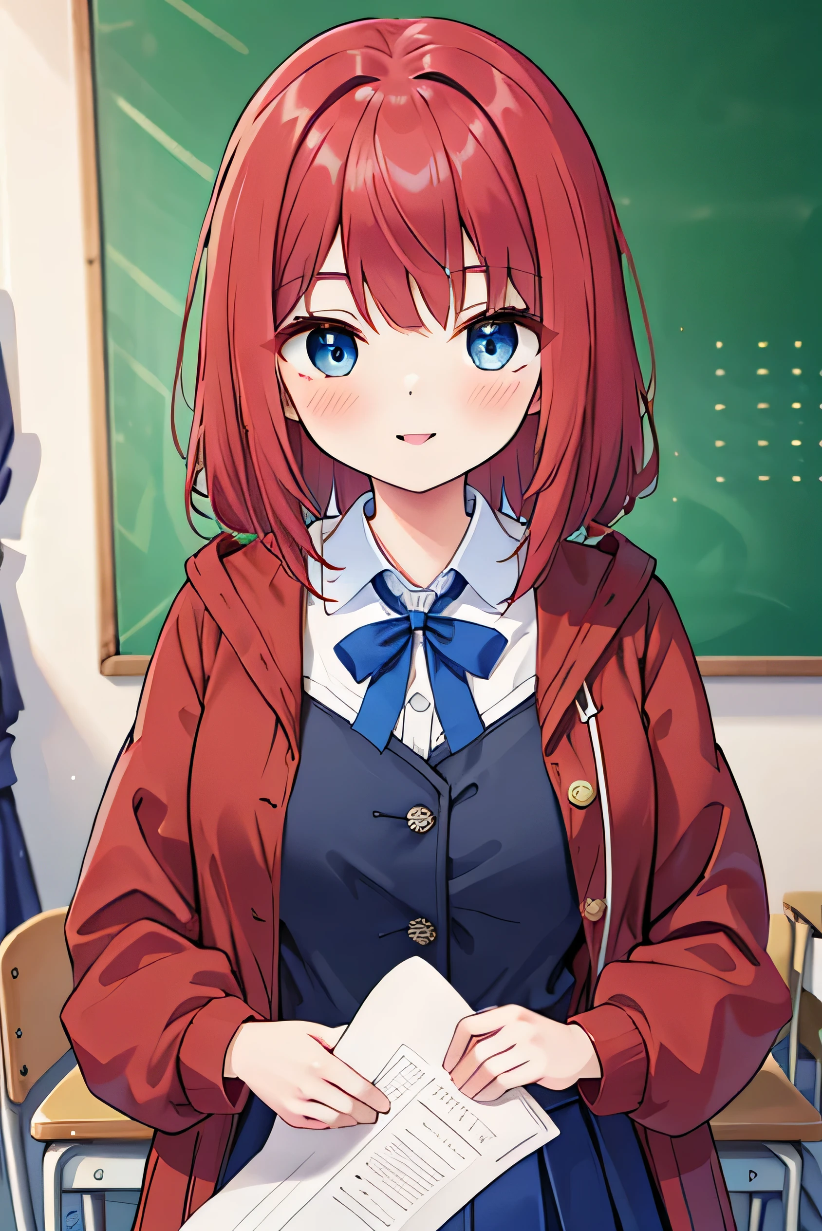 Big breasts, red hair, blue eyes, droopy eyes, red jacket, long sleeves, dark blue skirt, , super big breasts, medium length, baggy clothes, elementary school studentears old, shy, smiling a little , classroom, tn buttons on shirt