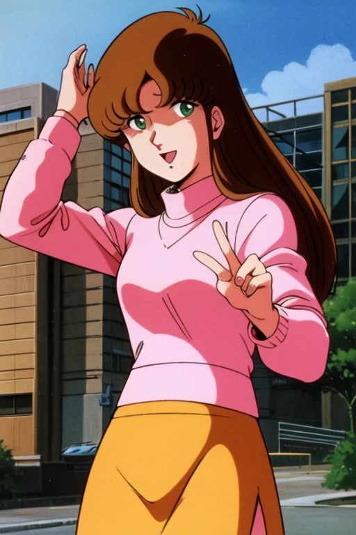 masterpiece,highest quality,High resolution,Hayase Misa,brown long hair,green eyes,1 girl,alone,1980s \(style\),retro artstyle,cowboy shot,futoshi slim,looking at the viewer,open your mouth,building,null,Day,sweater,long sleeve,long skirt,smile,dynamic pose,